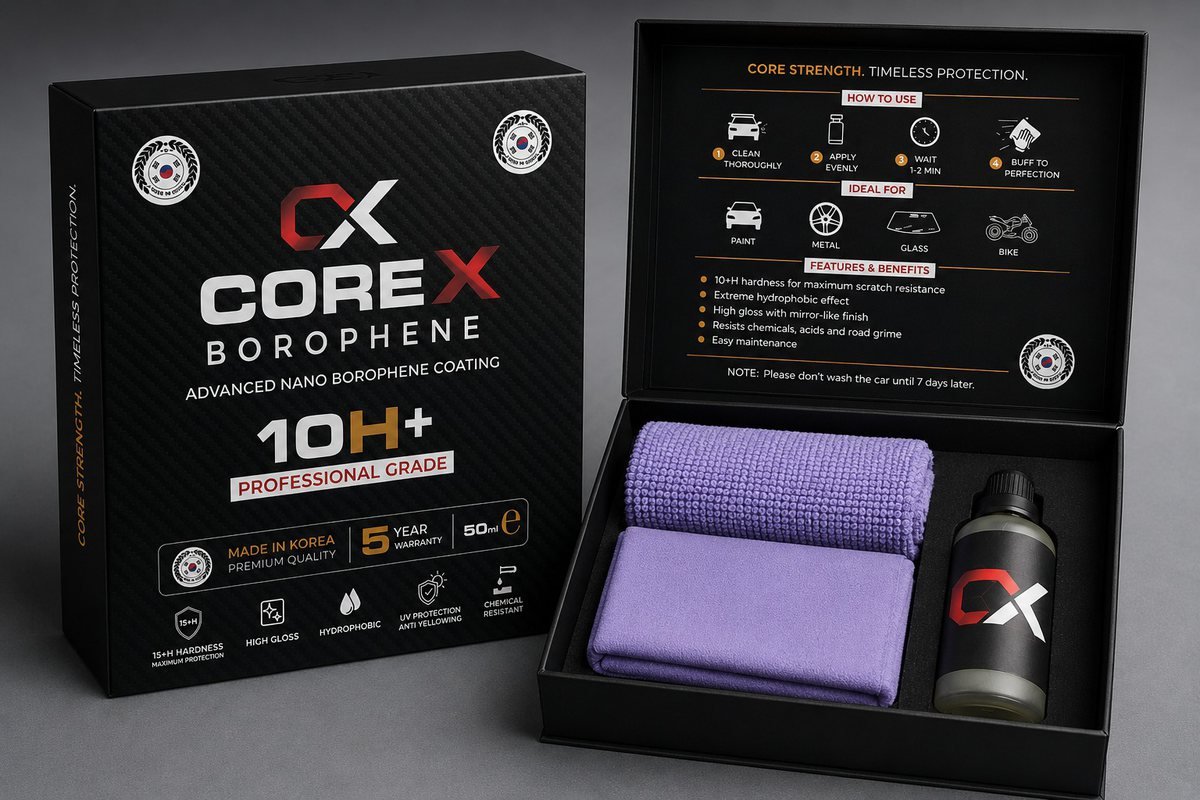 COREX Borophene 10H+ kit opened, showing the coating bottle, applicator and lavender microfibre cloths