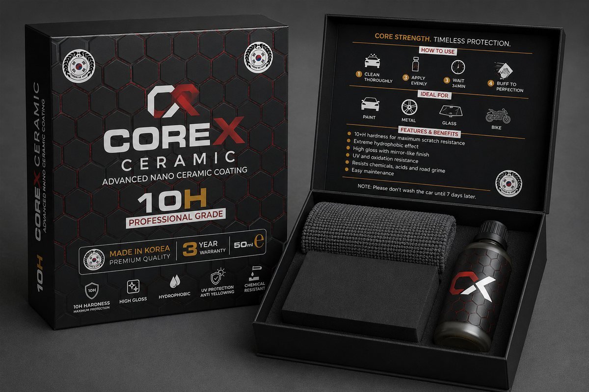 COREX Ceramic 10H professional-grade nano ceramic coating kit in black packaging with red hexagon pattern